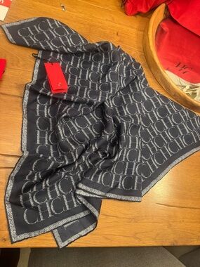 Carolina Herrera dark blue Scarf with Silver Logo Pattern